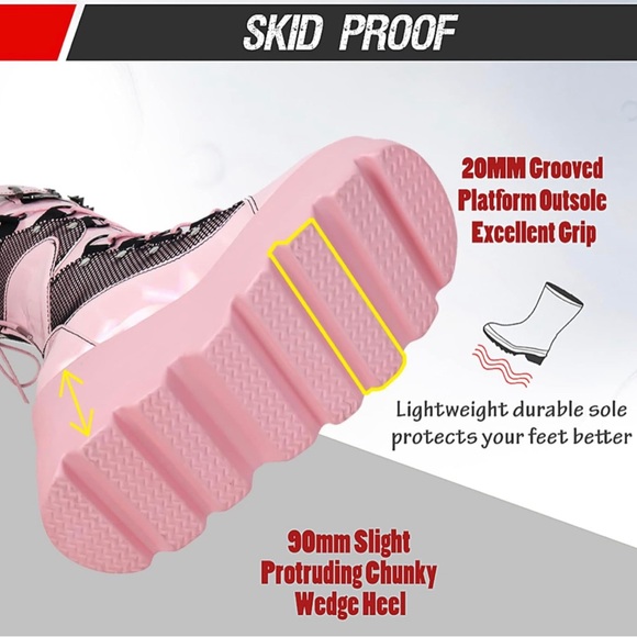 Goth Mid-calf Pink Hologram Platform Lace-up, Zip-up Combat Boots - Picture 3 of 10